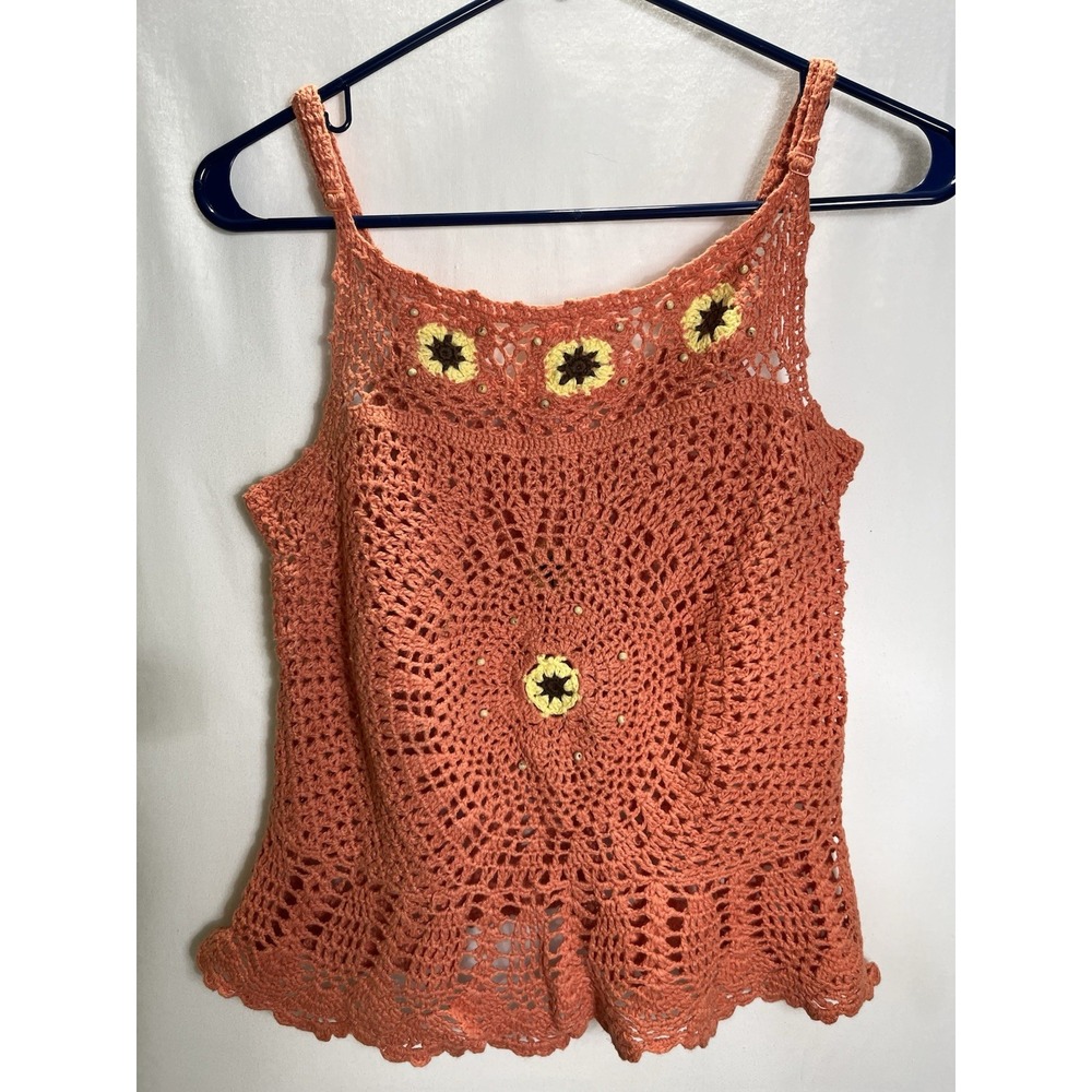 Boho Crocheted Sunflower Top Peach Orange Beaded Festival Cami Crop Halter XS/S